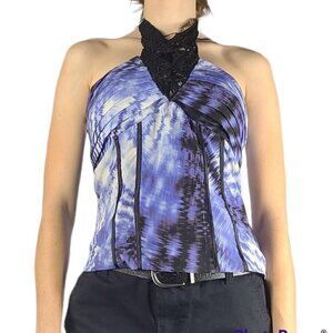 Bebe Blue Tie Dye Sleeveless Silk Halter Top